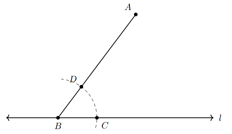 Step 2: Marking the Angle at B Step 2: Arc drawn with center B, intersecting l at C and BA at D.